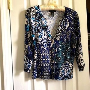 Perky Goth Blue Black White‎ Swirl Snap Sweater S EUC